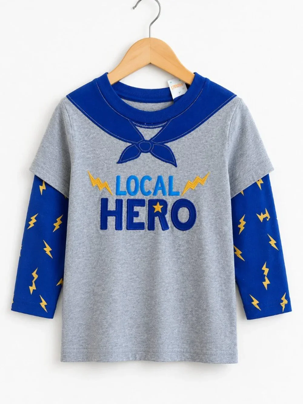 Gymboree Boys Shirt Size 2T Local Super Hero Cape Gray Blue Long Sleeve Star NEW